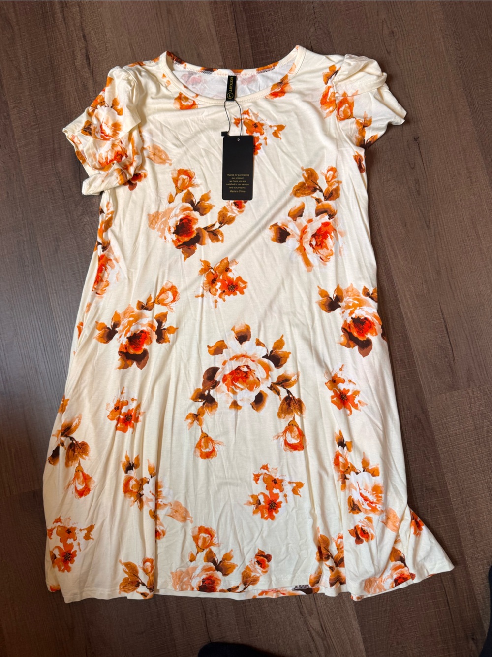 Floral Short-Sleeve Midi Dress in Cream with Orange Rose Print